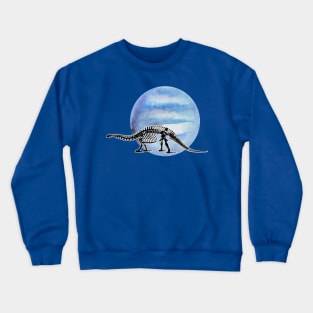 Dinosaur Skeleton in Space Pale Blue Planet Crewneck Sweatshirt